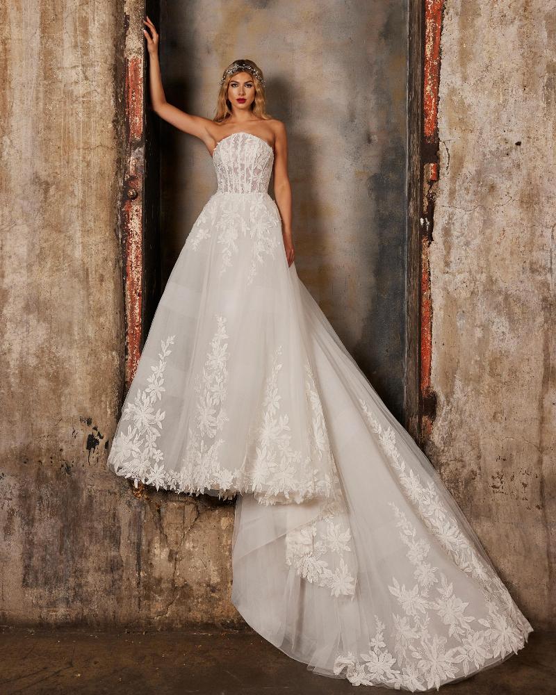 122232 lace strapless wedding dress with long train and ball gown silhouette1